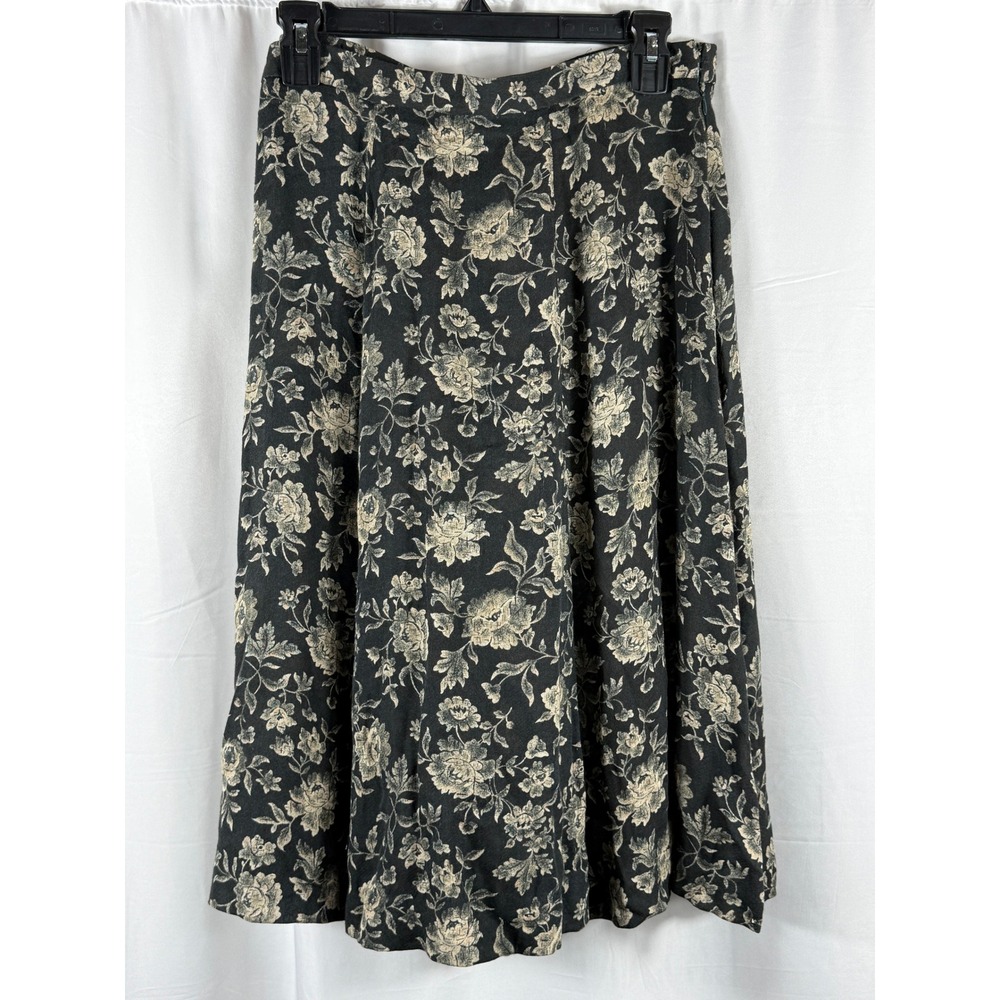 JH Collectibles Vintage Floral Midi Skirt Black Cream Rayon Wool Size 14 A-Line
